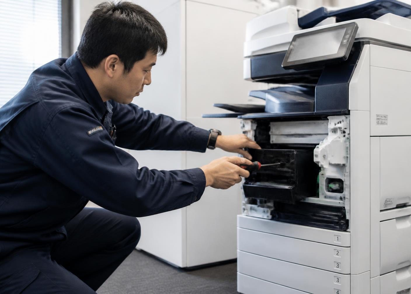 Técnico especializado de SOLTECSA realizando mantenimiento a un equipo multifuncional